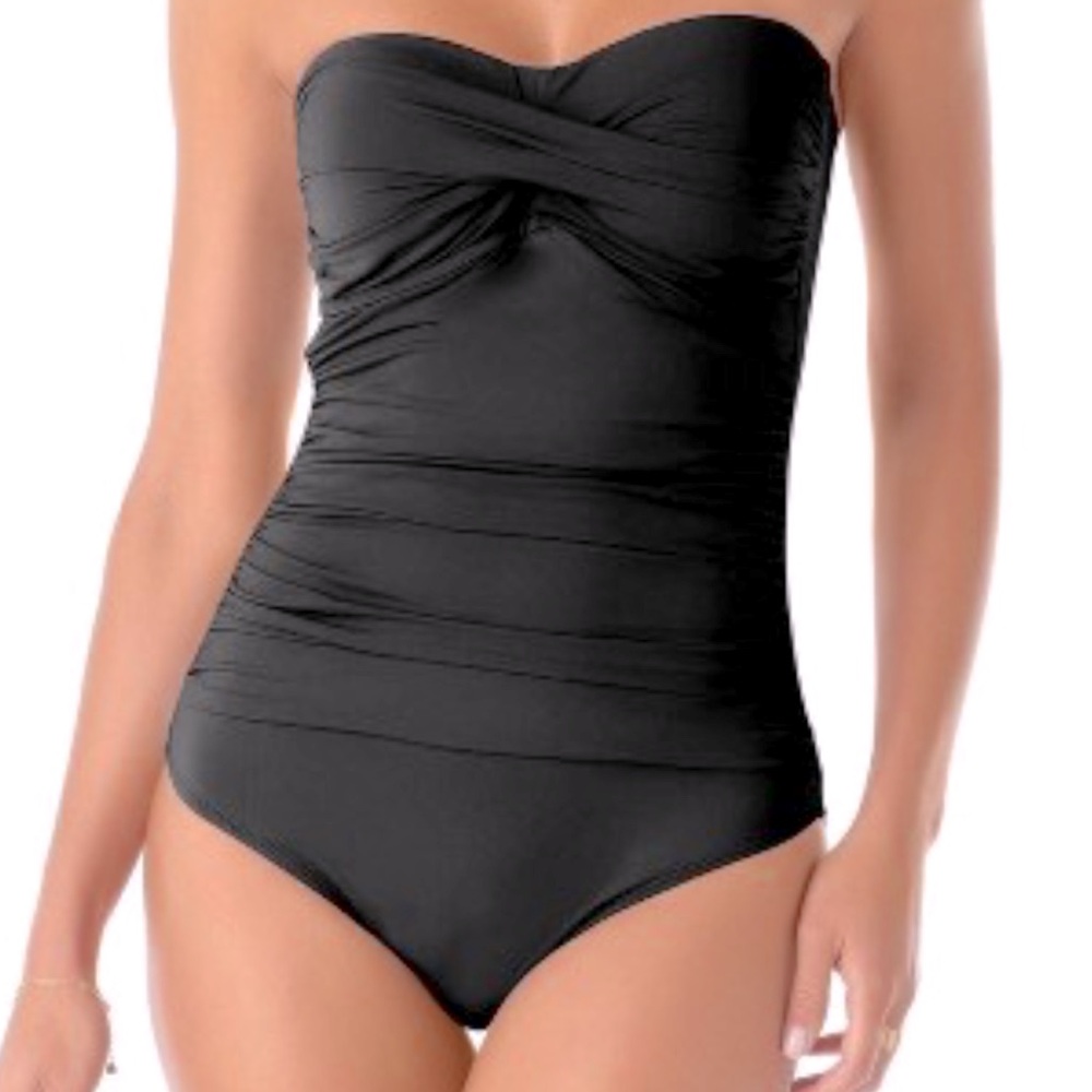 Anne Cole Black One Piece Bandeau Swimsuit 8 Twist Front Ruching Size-8